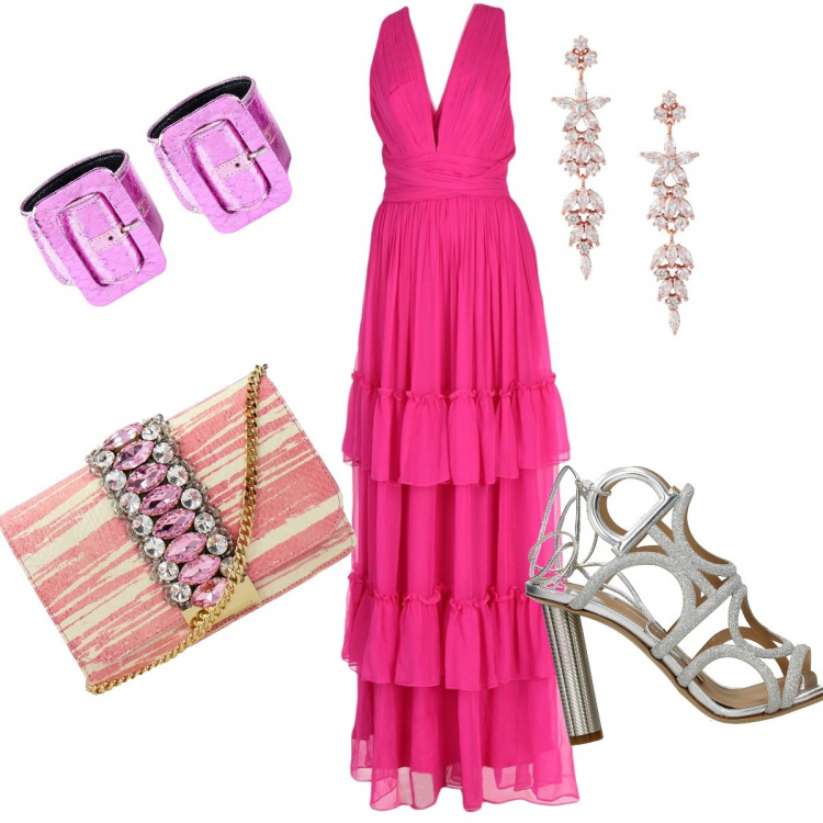 Outfit donna - Red carpet. Stile Chic per Cerimonia. Abbinamento con vestito lungo chiffon scollatura profonda senza maniche con zip interno foderato in raso tinta unita, braccialetti, orecchini con farfallina in oro rosa, sandali glitter argento, pochette con strass motivo serpente con perline e tracolla removibile rosa.