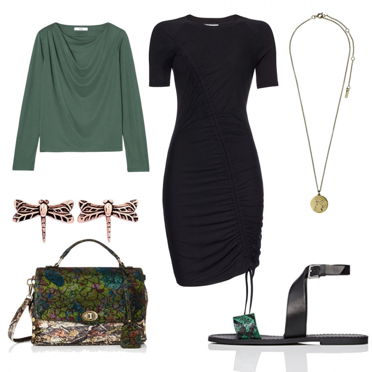 Outfit donna - Verde primavera. Stile Trendy Abbinamento con vestito, t-shirt, sandali con cinturino motivo serpente verde, borse a tracolla, collana con ciondolo, orecchini a perno in ottone rosa.