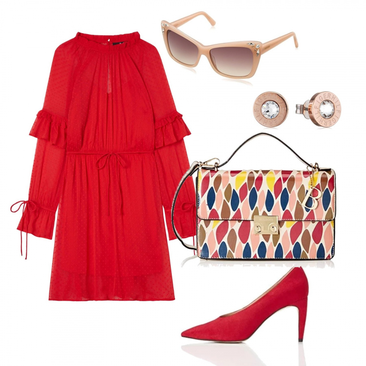 Outfit donna - Bon Ton #6947. Stile Bon Ton per Cerimonia. Abbinamento con borsa a tracolla rosso, vestiti, scarpe col tacco con tacco spillo rosso, orecchini, occhiali da sole rosa e marrone.