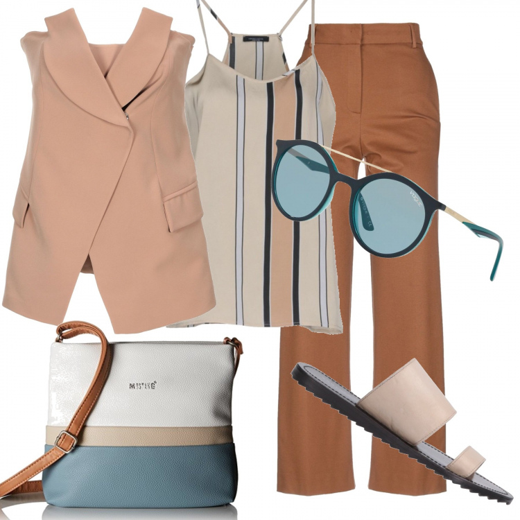 Outfit donna - Trendy #13874. Stile Trendy per Tutti i giorni. Abbinamento con top scollatura profonda con fasce crêpe, pantaloni, top a righe effetto acetato scollatura profonda twill, occhiali da sole, sandali con punta tonda tinta unita, borsetta blu.