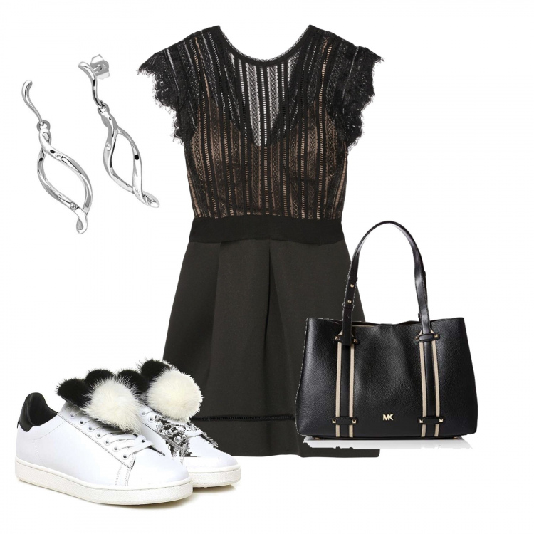 Outfit donna - Urban #4790. Stile Urban per Tutti i giorni. Abbinamento con vestiti corti, sneakers fantasia con lacci, borsa tote, orecchini pendenti in oro bianco certificato autenticità.