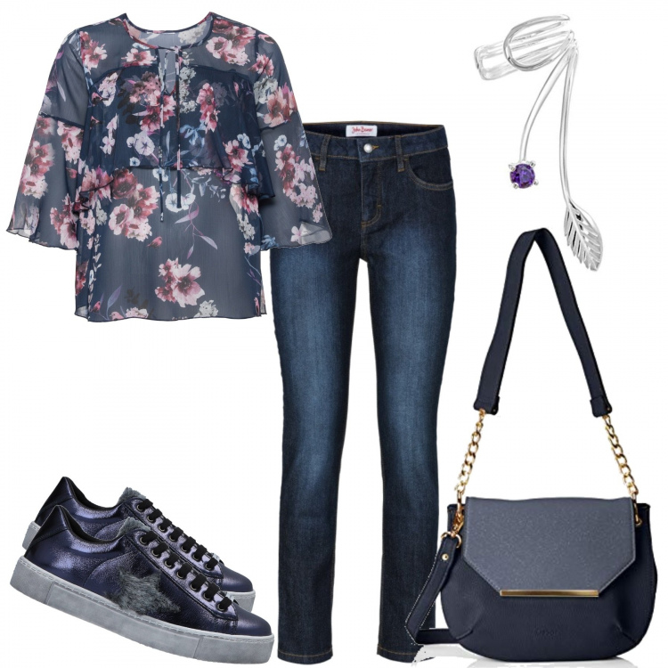 Outfit donna - Primavera dai toni blu e viola. Stile Basic per Tutti i giorni. Abbinamento con jeans slim fit, blusa chiffon, sneakers tennis, borsa a tracolla blu, orecchini con zirconia in sterling 925 ipoallergenico argento e bianco.