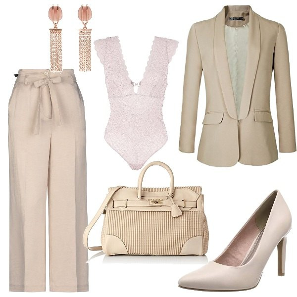 Outfit donna - Armani style low cost. Stile Chic per Serata fuori. Abbinamento con body con pizzo scollatura profonda interno semi-foderato tinta unita, pantaloni, blazer, scarpe con tacco rosa, borse a mano, orecchini a pendolo in ottone rosa.
