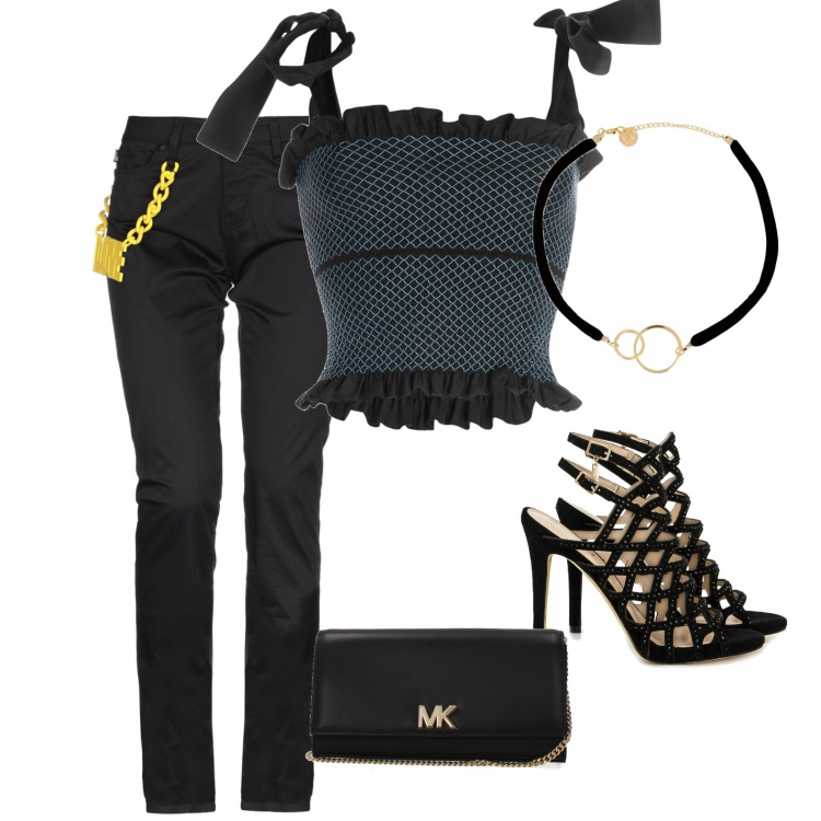 Outfit donna - Basic #8234. Stile Basic per Serata fuori. Abbinamento con top fantasia scollatura profonda in cotone, pantaloni, collana fantasia girocollo in ciniglia con gancetto, pochette con logo frontale nero, sandali con strass e cinturino in ecopelle impreziosito.