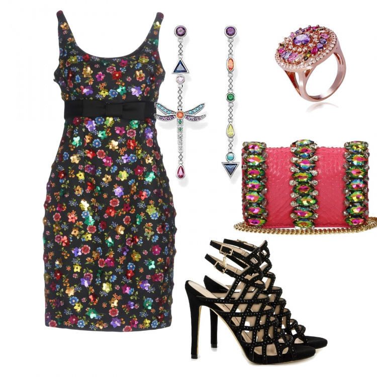 Outfit donna - Rock #1674. Stile Rock per Serata fuori. Abbinamento con vestito corto, pochette con strass motivo serpente con tracolla removibile rosa, sandali con strass e cinturino in ecopelle impreziosito, anello argento, orecchini a perno in sterling 925 argento.