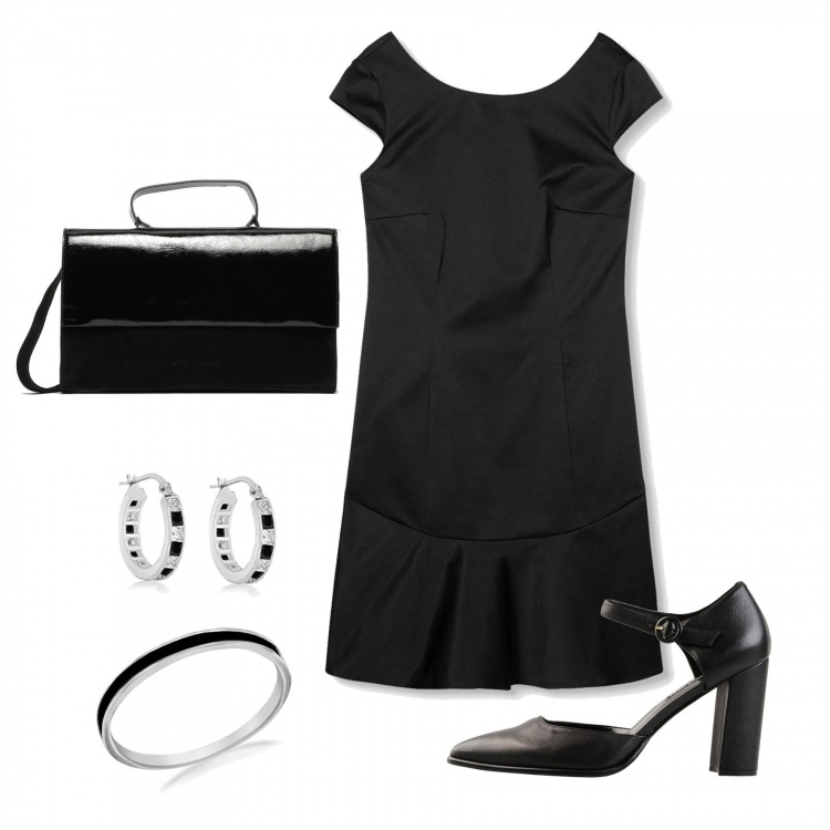 Outfit donna - Sunday in Black. Stile Chic per Tutti i giorni. Abbinamento con décolleté in pelle martellata con tacco squadrato interno sfoderato a punta pianta larga tinta unita, vestito nero, anello in sterling 925 ipoallergenico argento e bianco, orecchini con zirconia in sterling 925 ipoallergenico argento e bianco, borsa a tracolla effetto lucido in pelle con tracolla regolabile nero.