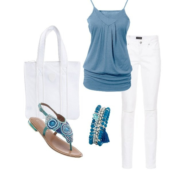 Outfit donna - A spasso in libertà. Stile Basic per Tutti i giorni. Abbinamento con top, sandali, jeans skinny, bracciale, borse a mano.
