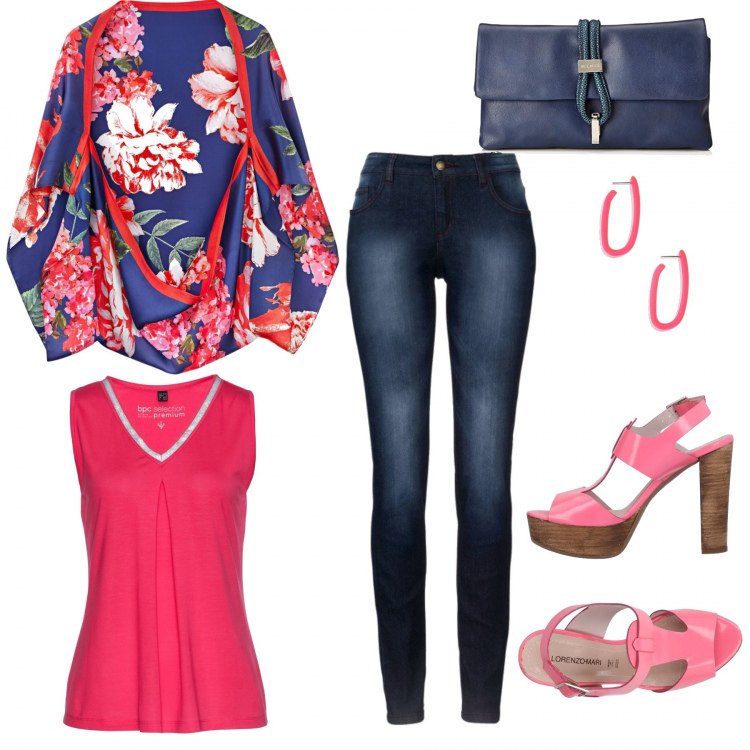 Outfit donna - Pomeriggio in rosa. Stile Trendy per Tutti i giorni. Abbinamento con jeans skinny, top con perle, cappotti, sandali con tacco squadrato e fibbia interno in pelle a punta in pelle sintetica tinta unita, clutch, orecchini rosa.