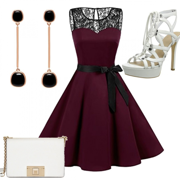 Outfit donna - Cannes. Stile Chic per Cerimonia. Abbinamento con vestiti senza maniche, sandali open toe bianco, orecchini a pendolo in ottone rosa, borsa a tracolla mini.