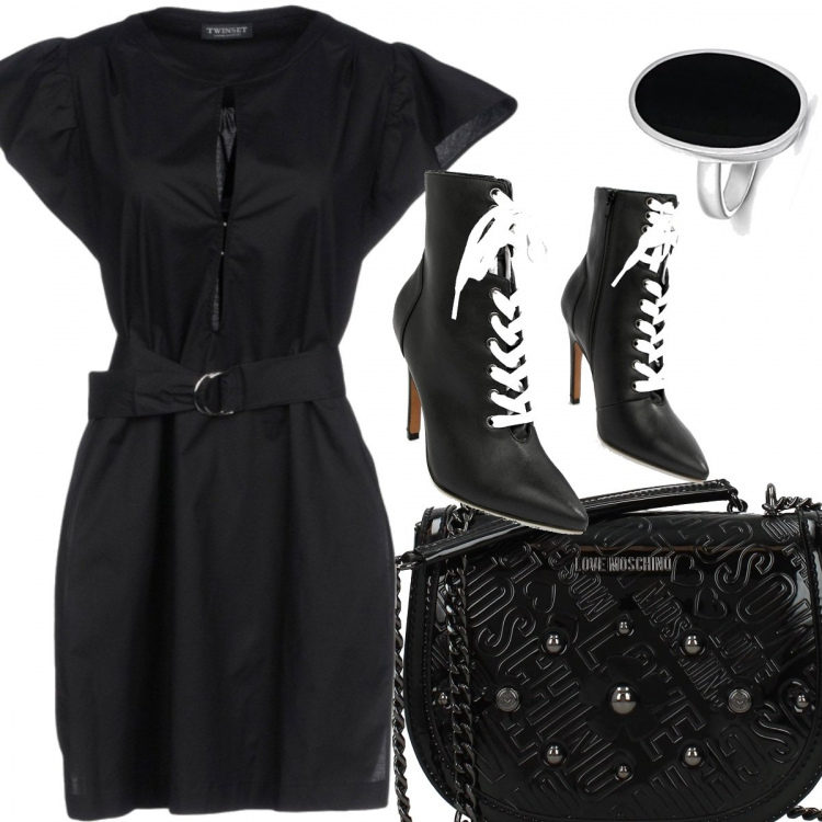 Outfit donna - Terrazza mare. Stile Trendy per Serata fuori. Abbinamento con blusa, borsa a tracolla con borchie nero, stivaletti con stringhe, anello in sterling 925 ipoallergenico argento e bianco.