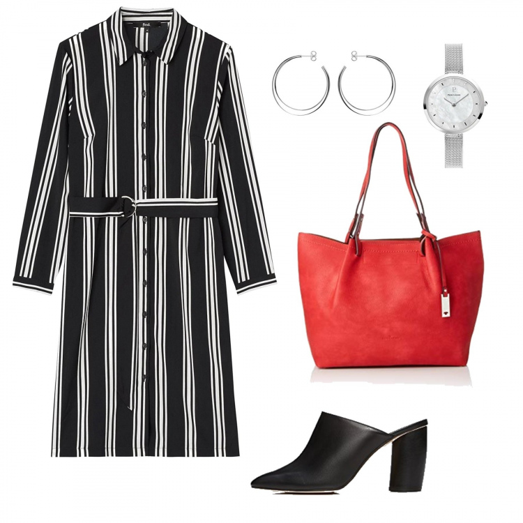 Outfit donna - Basic #8254. Stile Basic per Ufficio. Abbinamento con vestiti, borsa tote rosso, sabot, orecchini in sterling 925 ipoallergenico argento e bianco, orologi analogici.