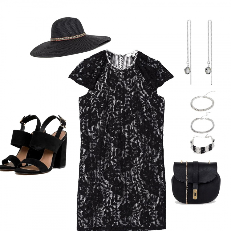 Outfit donna - Nero a tutte le ore. Stile Urban per Tutti i giorni. look ideale per Tall. Abbinamento con vestiti, borsa a tracolla, sandali con tacco largo collo aperto in denim, orecchini, bracciale, cappello con visiera contrasto in paglia forma intrecciata.
