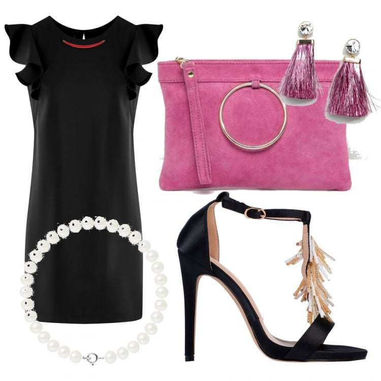 Outfit donna - Serata chic. Stile Chic per Serata fuori. Abbinamento con sandali contrasto con tacco spillo e fibbia con punta tonda in raso tinta unita, vestito mini con volant girocollo nero, orecchini pendenti farfalla con nappine oro, pochette effetto scamosciato con zip, bracciale con perle forma intrecciata bianco.