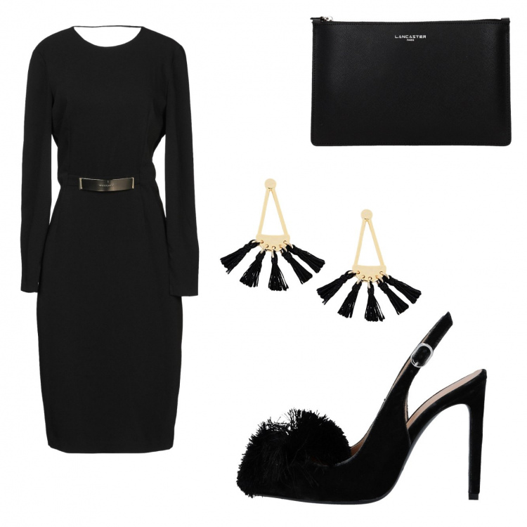 Outfit donna - Oro nero. Stile Chic per Serata fuori. Abbinamento con vestiti midi/longuette, décolleté, orecchini, pochette con logo frontale nero.