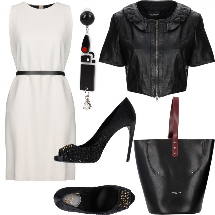 Outfit donna - Inusualità. Stile Chic per Ufficio. Abbinamento con vestiti corti, giacca senza tasche con ruches collo tondo a maniche corte con zip interno foderato tinta unita, décolleté contrasto open toe in raso tinta unita, borsa a mano con manico e borchie con logo frontale nero, orecchini nero.