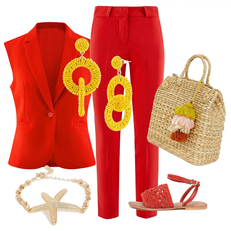 Outfit donna - Pomeriggio con le amiche. Stile Trendy per Tutti i giorni. Abbinamento con orecchini, gilet, pantalone rosso, sandali in denim suola piatta, orologio maxi contrasto stretto in paglia con nappine, bracciale.