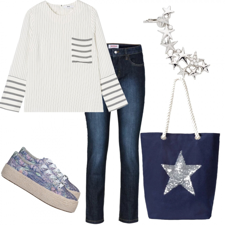 Outfit donna - Star in me. Stile Basic per Tutti i giorni. Abbinamento con jeans slim fit, shopping bag, bluse, sneakers, t-shirt.