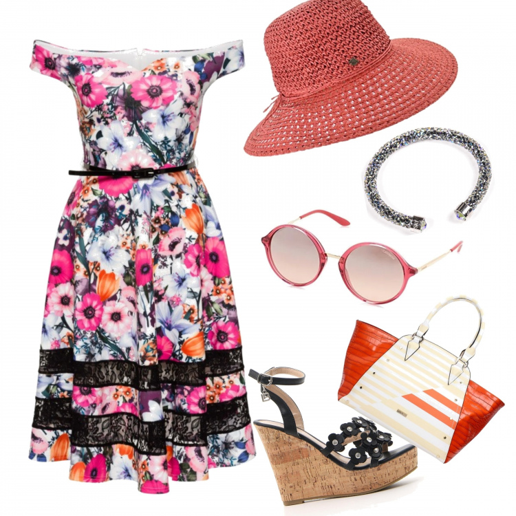 Outfit donna - AllFlowers #40. Stile Trendy per Tutti i giorni. Abbinamento con maglieria, borse tote, bracciale multicolore, sandali con zeppe, occhiali da sole multicolore, cappello taglia unica rosa.