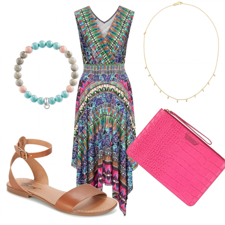 Outfit donna - Summer party. Stile Etnico per Serata fuori. look ideale per Tall. Abbinamento con vestito, pochette con stampa e zip interno foderato tinta unita, collana con gancetto argento e oro, sandali, bracciale turchese e argento.