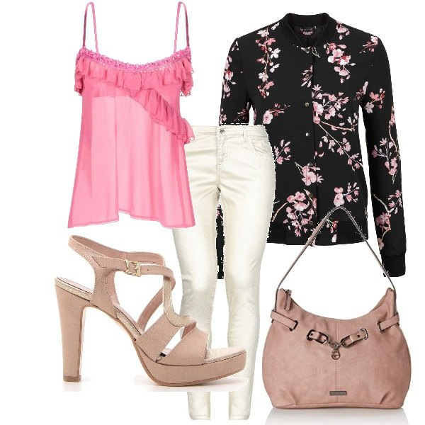 Outfit donna - Scarpe..... che passione!. Stile Trendy per Serata fuori. Abbinamento con bomber, top con perline scollatura profonda senza maniche crêpe, pantalone effetto laminato con zip in gabardine tinta unita, sandali, shopping bag rosa.