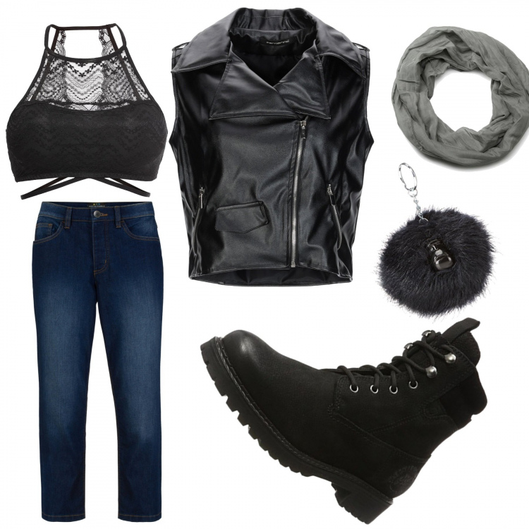 Outfit donna - Lady Biker. Stile Rock per Sport. look ideale per Tall. Abbinamento con pantaloni, jeans in denim nero, giubbotto con stampa collo classico senza maniche con zip interno foderato in pelle sintetica tinta unita, stivali nero, portachiavi, sciarpa.
