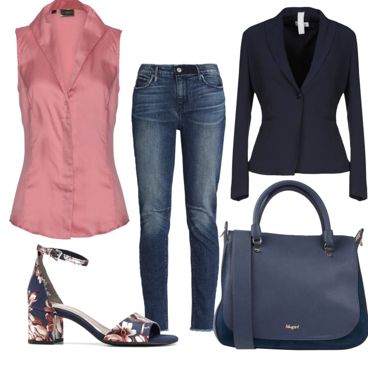 Outfit donna - Basic #8310. Stile Basic per Tutti i giorni. Abbinamento con jeans, sandali col tacco, borsa a mano taglia media con zip interno foderato in pelle sintetica tinta unita, giacca con spacco posteriore collo con revers a maniche lunghe interno foderato crêpe, jeans delavé con zip in seta tinta unita.