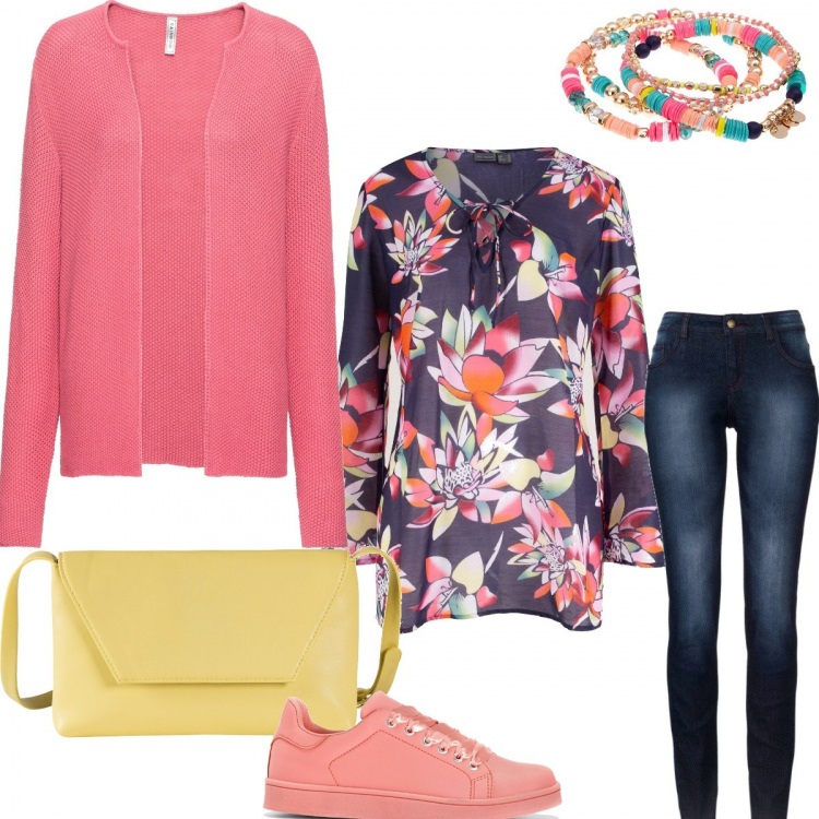 Outfit donna - Ultimi esami #Vado a colori. Stile Urban per Scuola/Università. Abbinamento con jeans skinny, tunica con scollo blu, cardigan collo aperto fucsia, sneakers, borsa a tracolla giallo, borse a tracolla.