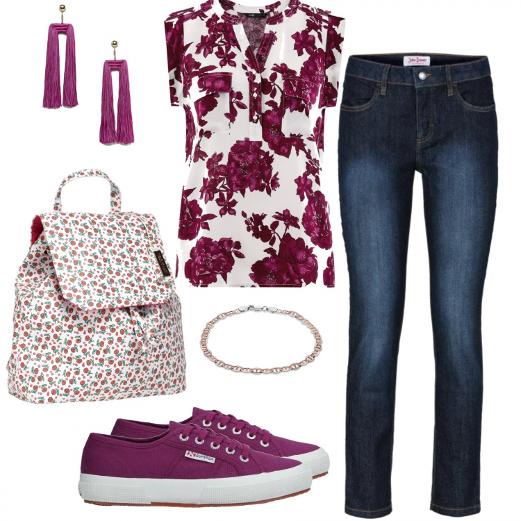 Outfit donna - Il profumo dei fiori. Stile Basic per Tutti i giorni. Abbinamento con jeans slim fit, sneakers tennis, zaino, camicetta con stampa e scollo rosa, orecchini pendenti farfalla in denim con nappine oro, bracciale in sterling 925 ipoallergenico argento e bianco.