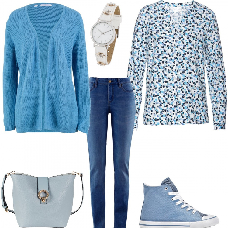 Outfit donna - #Mi vesto bene con poco. Stile Urban per Scuola/Università. Abbinamento con jeans skinny, camicetta taglio dritto fantasia spacchetti laterali blu, sneakers, cardigan collo aperto blu, borsa a tracolla, orologio oro.