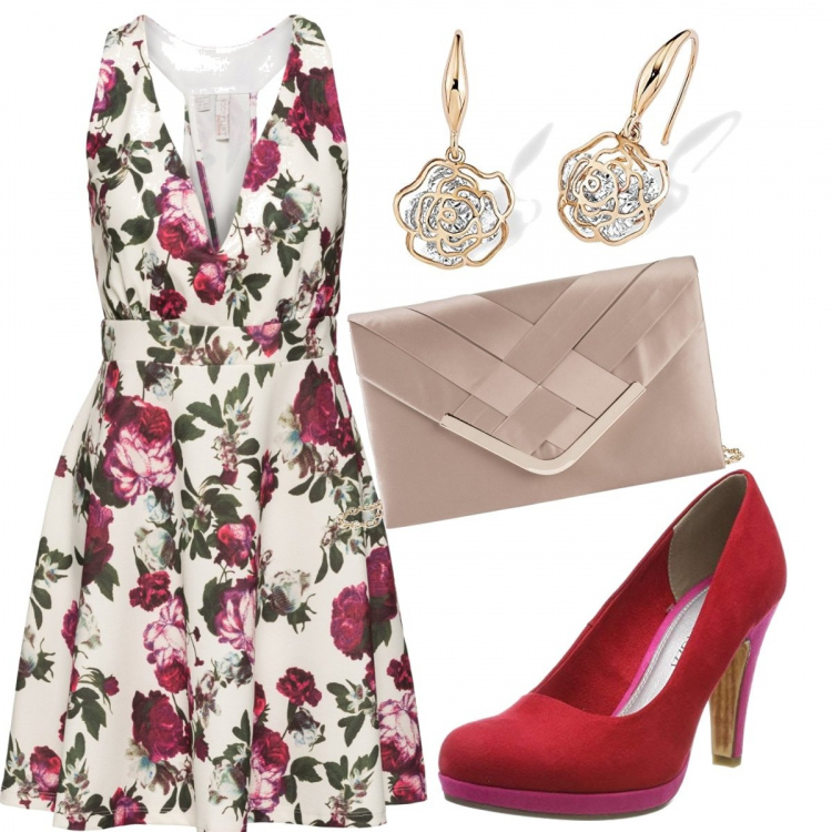 Outfit donna - Dolce. Stile Bon Ton per Serata fuori. Abbinamento con gonne, vestiti, orecchini in ottone rodiato rosa e oro, décolleté con plateau rosso.