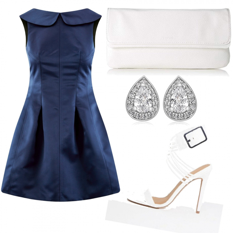 Outfit donna - Semplicemente elegante. Stile Chic per Cerimonia. look ideale per Tall. Abbinamento con sandali collo aperto con fibbia in denim, pochette bianco, orecchini con zirconia in sterling 925 ipoallergenico argento e bianco.