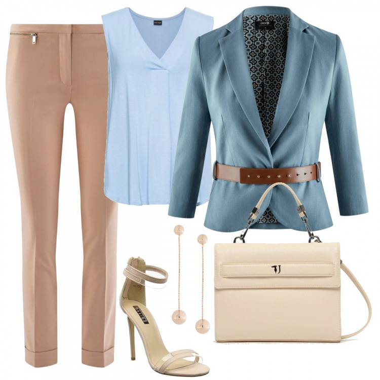 Outfit donna - Blazer in lino con cintura larga. Stile Bon Ton per Serata fuori. Abbinamento con top, orecchini, blazer, pantaloni, borsa a tracolla con taschini beige, sandali con cinturino beige.