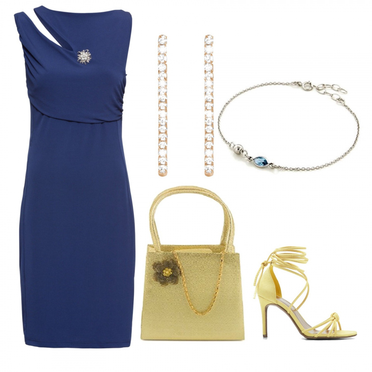 Outfit donna - Bon Ton #7041. Stile Bon Ton per Cerimonia. Abbinamento con vestiti corti, sandali con lacci giallo, clutch farfalla taglia unica oro, braccialetto in argento 925 blu, orecchini.