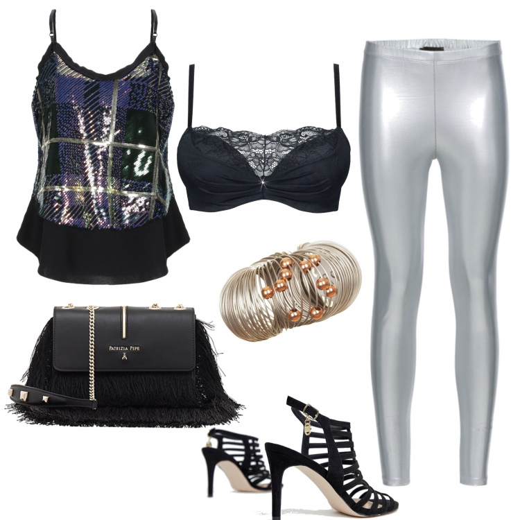 Outfit donna - Serata disco #curvystyle. Stile Rock per Serata fuori. Abbinamento con reggiseni push-up, leggings effetto lucido, top con strass fantasia multicolore scollatura profonda senza maniche jersey, bracciale mini argento, sandali pianta larga, borsa a tracolla.