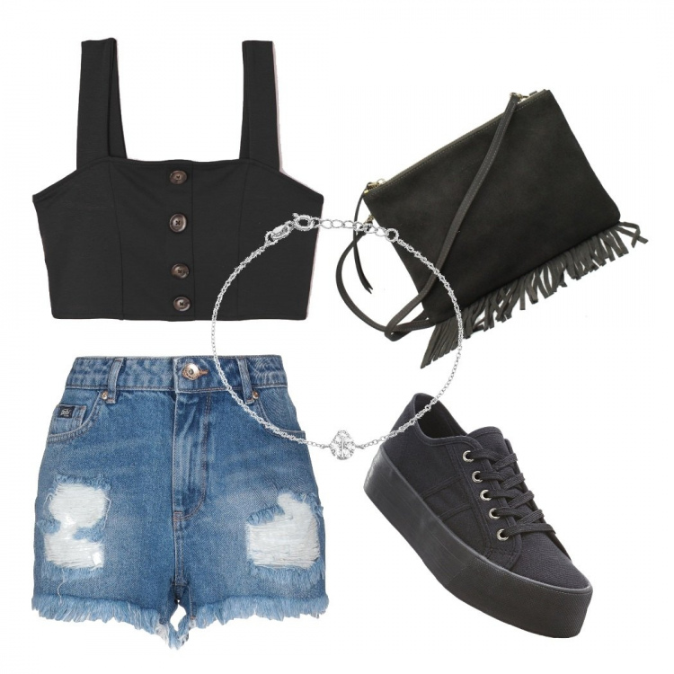 Outfit donna - Total look #282527. Abbinamento con sneakers, shorts delavé con zip in denim tinta unita, top, borse a spalla, bracciale in argento 925 argento.