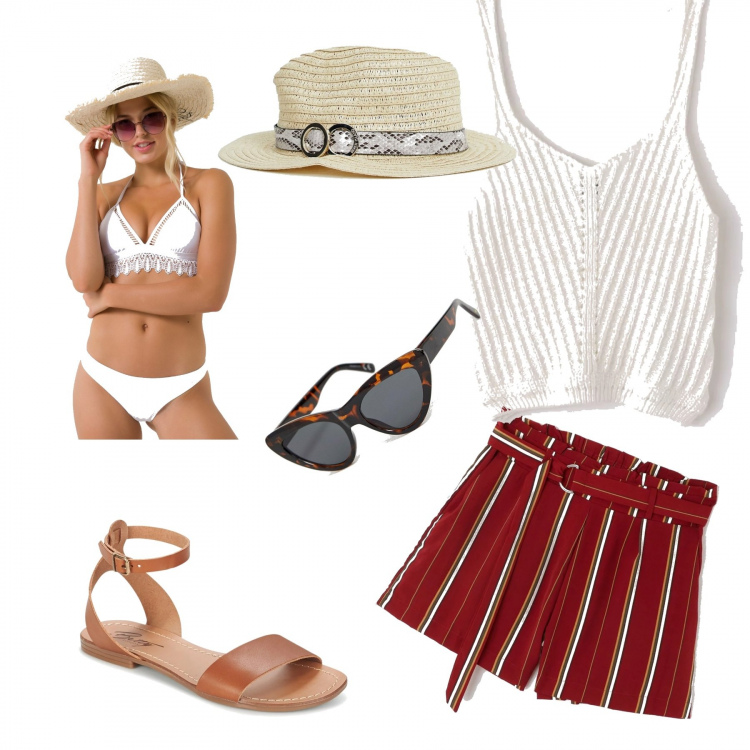 Outfit donna - Pronte per la spiaggia. Stile Basic per Mare. Abbinamento con top, shorts paper bag a righe, sandali, cappello motivo serpente con fasce in paglia, occhiali da sole a gatto lenti scure stanghette sottili protezione dai raggi.