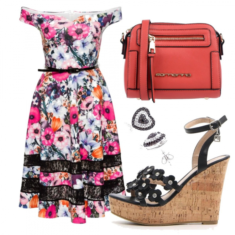 Outfit donna - Spalle scoperte. Stile Trendy per Serata fuori. Abbinamento con maglieria, borsa a tracolla petit con zip interno foderato in pelle sintetica tinta unita, sandali con zeppe, orecchini argento e nero e bianco.
