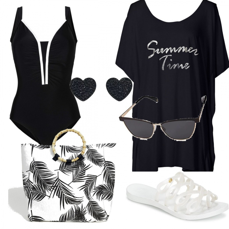 Outfit donna - Bianco e nero in spiaggia #curvy. Stile Bon Ton per Mare. Abbinamento con costumi interi, vestiti da spiaggia, infradito bianco, bikini con stampa, occhiali da sole nero e grigio, orecchini a perno con cuore.