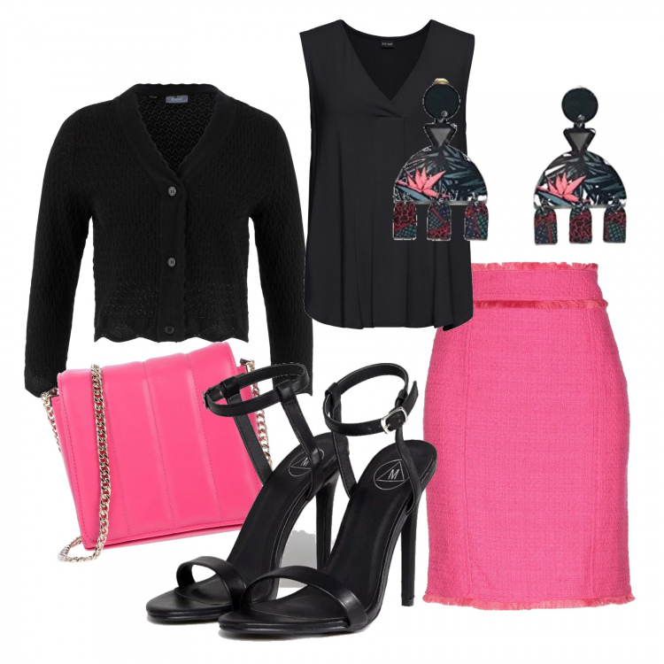 Outfit donna - Festa di compleanno. Stile Trendy per Cerimonia. look ideale per Petite. Abbinamento con top, bolero in in maglia nero e corda, gonna al ginocchio tweed con frange e zip interno foderato tinta unita, borsa a tracolla petit interno foderato in pelle sintetica tinta unita, sandali nudo e nero, orecchini a pendolo.