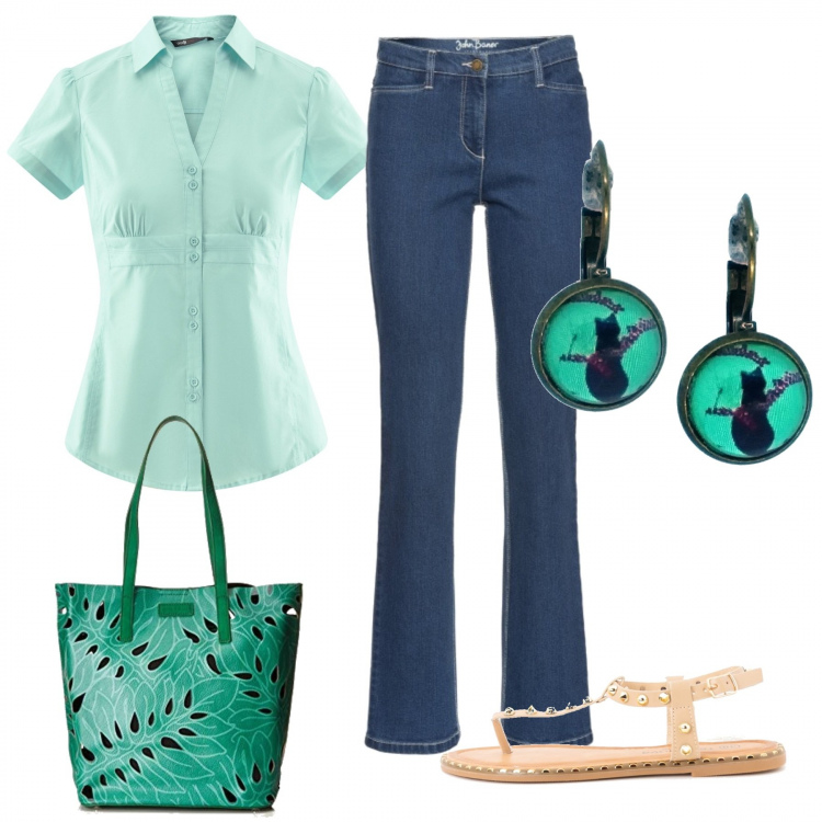 Outfit donna - Menta. Stile Basic per Tutti i giorni. Abbinamento con gonne lunghe, sandali con borchie beige, orecchini verde, camicia con scollo aderente turchese, shopping bag.