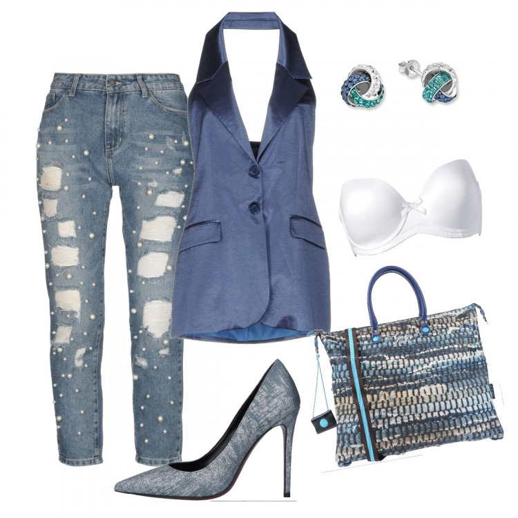 Outfit donna - Gilet a top. Stile Trendy per Serata fuori. Abbinamento con reggiseni, borsa a mano maxi fantasia multicolore con zip, pantaloni capri effetto strappato con perline e zip in denim tinta unita, top collo con revers interno foderato in raso tinta unita, décolleté fantasia glitter a punta, orecchini.