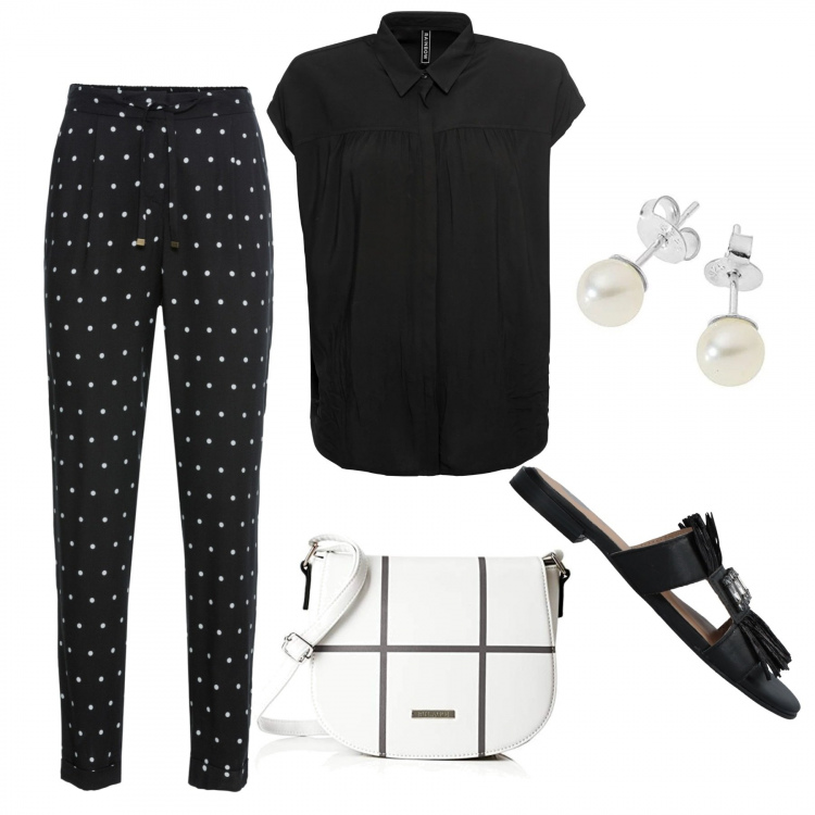 Outfit donna - Semplicemente total black o quasi. Stile Trendy per Ufficio. Abbinamento con camicie a manica corta, pantaloni, sandali con strass senza tacco con punta tonda in rafia tinta unita, borsa a mano bianco, orecchini in argento 925 bianco.