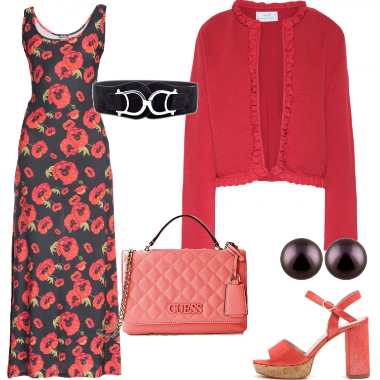 Outfit donna - Aperitivo con colleghe. Stile Chic per Ufficio. Abbinamento con cinture, vestito lungo a trapezio con spacco laterale a righe scollatura profonda jersey, cardigan senza tasche lavorato a maglia collo tondo a maniche lunghe tinta unita, sandali, borsa a tracolla nero, orecchini in argento 925 nero.