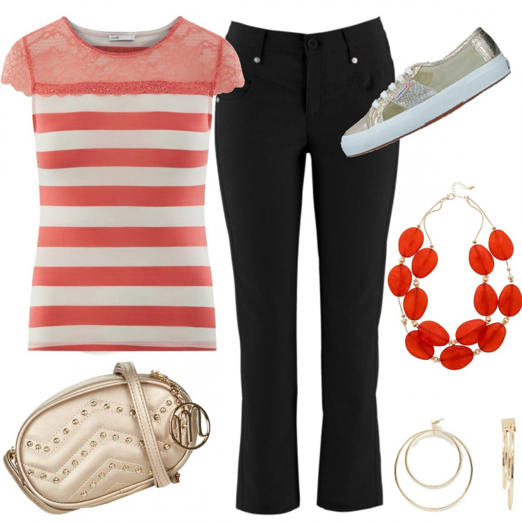 Outfit donna - Mani libere con il marsupio. Stile Basic per Tutti i giorni. Abbinamento con pantaloni, collier, sneakers tennis, marsupio oro, t-shirt con pizzo aderente rosa, orecchini con cerchi in denim oro.