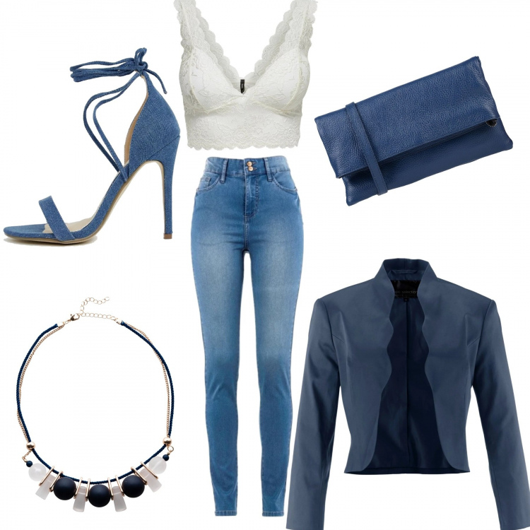 Outfit donna - Trendy #14165. Stile Trendy per Serata fuori. Abbinamento con jeans slim fit, blazer, collana pendenti con sfere nero, borsa a mano taglia media interno foderato tinta unita, camicetta bianco, scarpe stringate collo aperto in denim nudo.