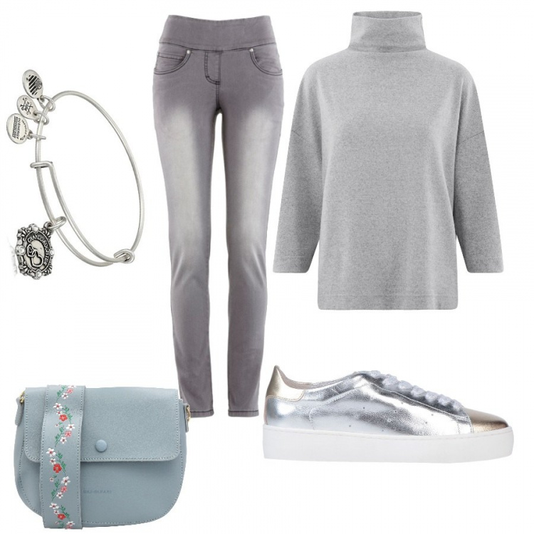 Outfit donna - Inverno. Stile Bon Ton per Tutti i giorni. look ideale per Petite. Abbinamento con jeans slim fit, borsa a mano mini con zip interno sfoderato in pelle sintetica tinta unita, sneakers tennis, maglione, bangle in ottone.