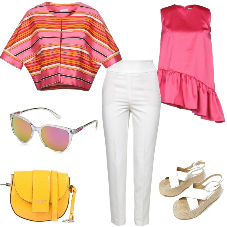 Outfit donna - Passeggiata a Taormina. Stile Trendy per Tutti i giorni. Abbinamento con giacca, top collo tondo con zip in raso tinta unita, borsa a mano petit effetto vernice interno foderato tinta unita blu, espadrillas flatform, pantalone bianco, occhiali da sole.