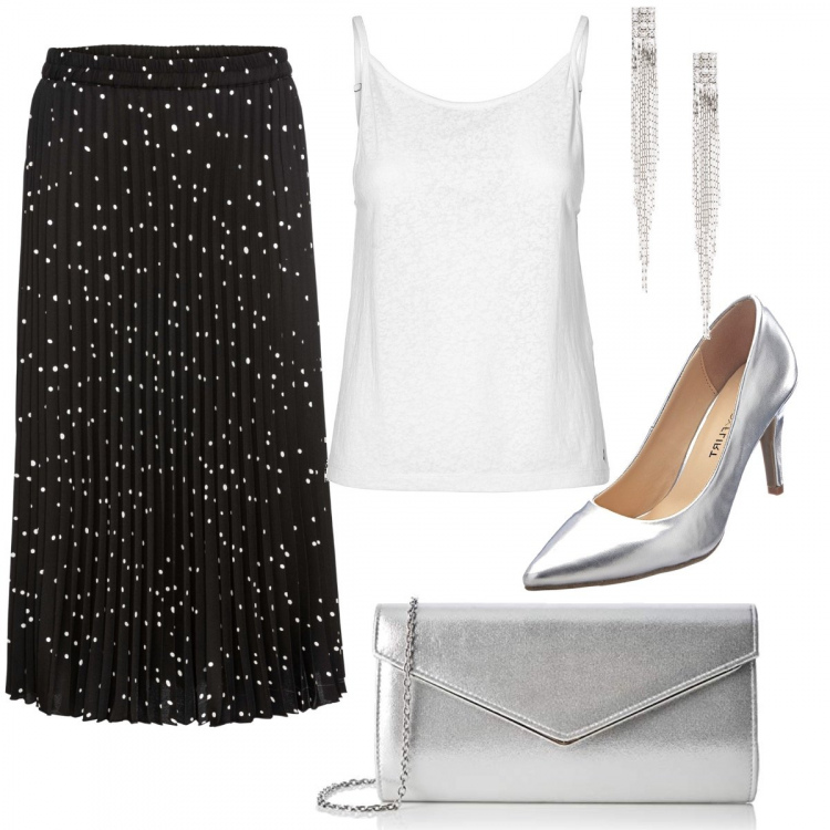 Outfit donna - Chic #8172. Stile Chic per Cerimonia. Abbinamento con orecchini, maglieria, décolleté pumps effetto metallizzato con tacco spillo argento, top bianco, pochette.