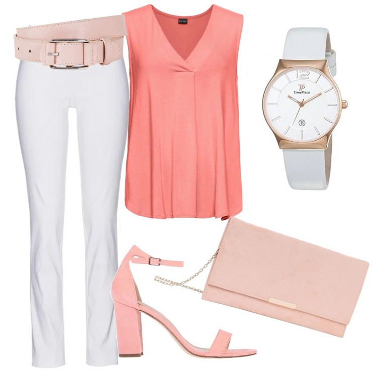 Outfit donna - Top rosa. Stile Bon Ton per Serata fuori. Abbinamento con pantaloni, top, cintura con tacco spillo e fibbia rosa, sandali col tacco, clutch rosa, orologio con cinturino in oro rosa bianco.