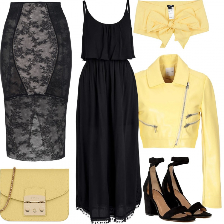 Outfit donna - In giallo & nero. Stile Trendy per Serata fuori. Abbinamento con vestiti midi/longuette, sottoveste con pizzo tinta unita, giubbotto collo classico a maniche lunghe con zip interno foderato in pelle sintetica tinta unita, cintura in cotone tinta unita navy, borsa a tracolla petit a scatto interno foderato in pelle tinta unita, sandali con stringhe petite con tacco largo collo aperto pianta larga.